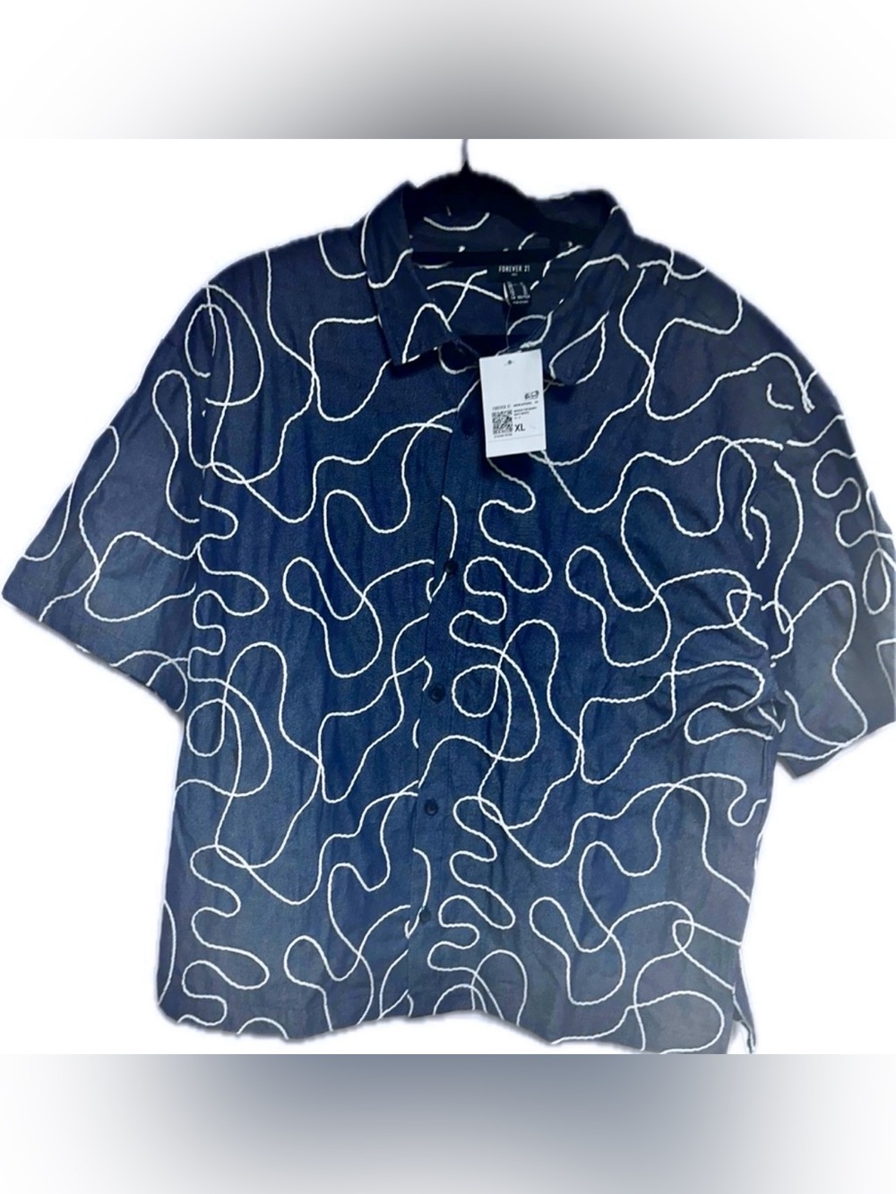 Forever 21 Navy Short-Sleeve Button-Up with White Swirl Print - Picture 2 of 5
